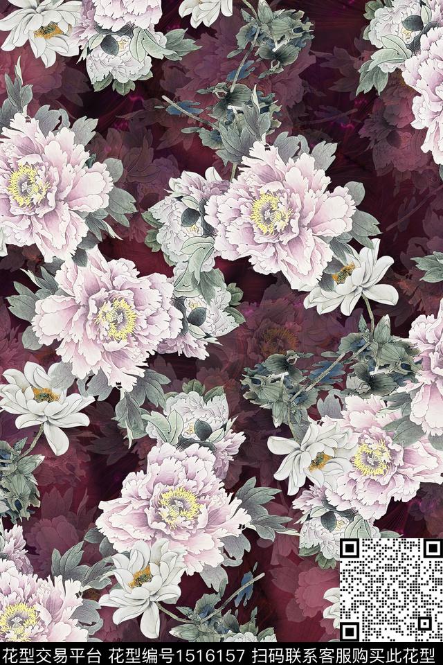 香云纱旗袍牡丹数码印花华亿平台下载（图片编号: 1516157） - 瓦栏（Walan）