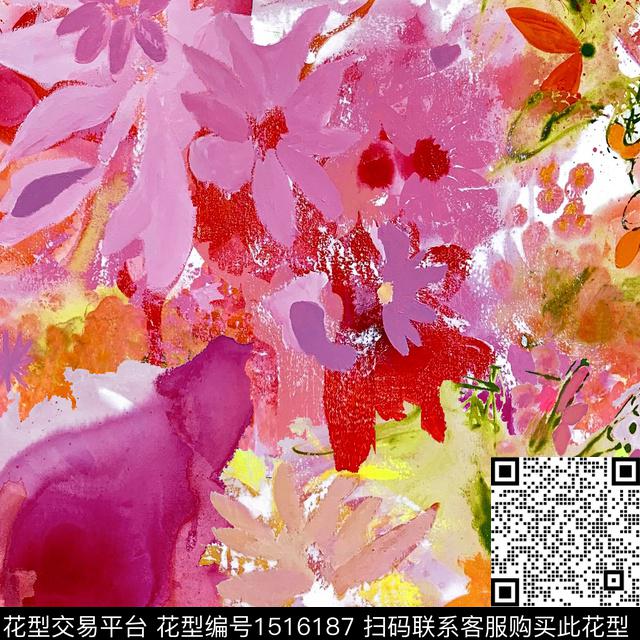 抽象花卉手绘花卉笔触数码印花华亿平台下载（图片编号: 1516187） - 瓦栏（Walan）