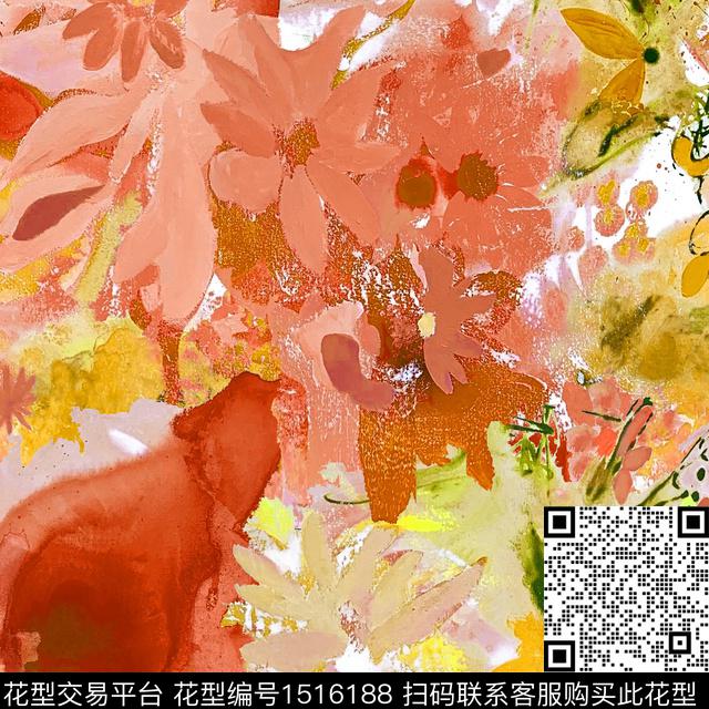 抽象花卉手绘花卉笔触数码印花华亿平台下载（图片编号: 1516188） - 瓦栏（Walan）