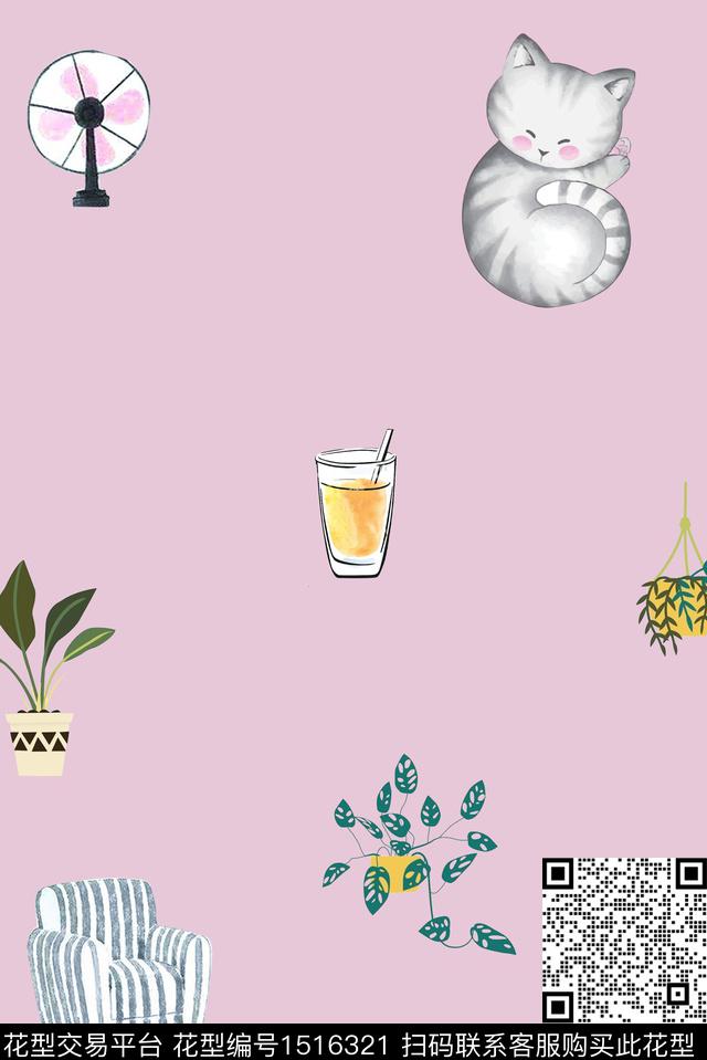 时尚植物猫传统印花华亿平台下载（图片编号: 1516321） - 瓦栏（Walan）