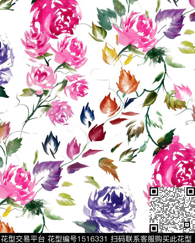 大牌风手绘玫瑰2023春夏传统印花华亿平台下载（图片编号: 1516331） - 瓦栏（Walan）