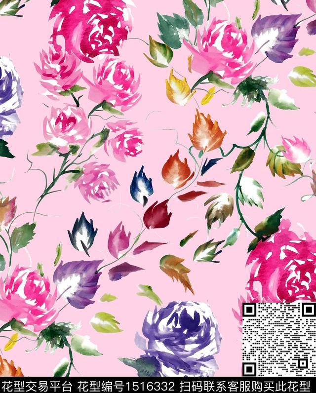 大牌风手绘玫瑰2023春夏传统印花华亿平台下载（图片编号: 1516332） - 瓦栏（Walan）