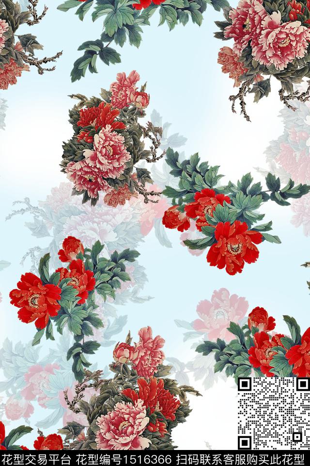 花卉香云纱牡丹数码印花华亿平台下载（图片编号: 1516366） - 瓦栏（Walan）