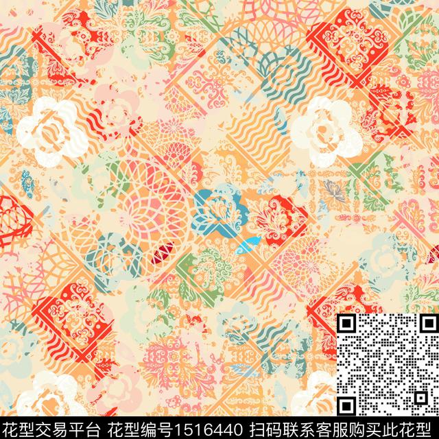 花卉古典花纹剪纸数码印花华亿平台下载（图片编号: 1516440） - 瓦栏（Walan）