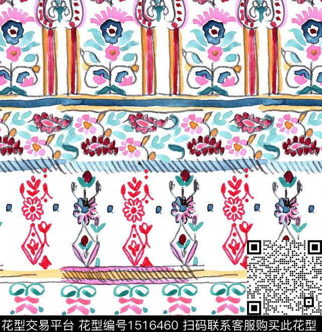 民族风水彩花纹异域风情数码印花华亿平台下载（图片编号: 1516460） - 瓦栏（Walan）