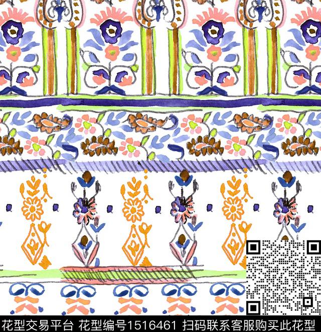 民族风水彩花纹异域风情数码印花华亿平台下载（图片编号: 1516461） - 瓦栏（Walan）