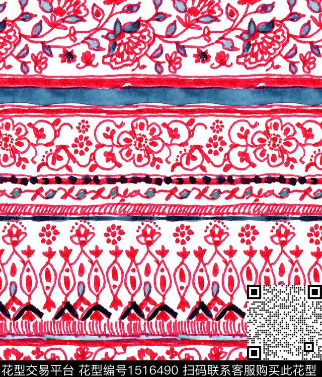 民族风手绘异域风情数码印花华亿平台下载（图片编号: 1516490） - 瓦栏（Walan）