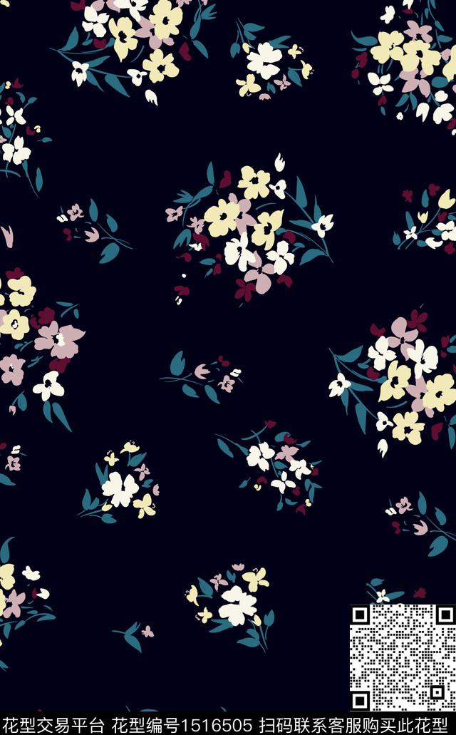 花卉藏青小碎花数码印花华亿平台下载（图片编号: 1516505） - 瓦栏（Walan）