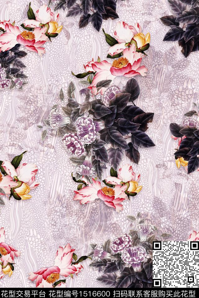 花卉香云纱牡丹数码印花华亿平台下载（图片编号: 1516600） - 瓦栏（Walan）