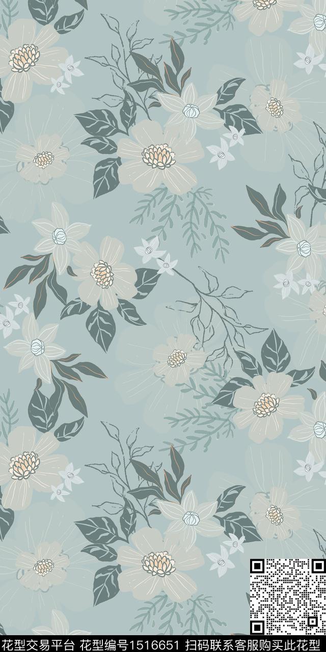 花卉手绘矢量数码印花华亿平台下载（图片编号: 1516651） - 瓦栏（Walan）
