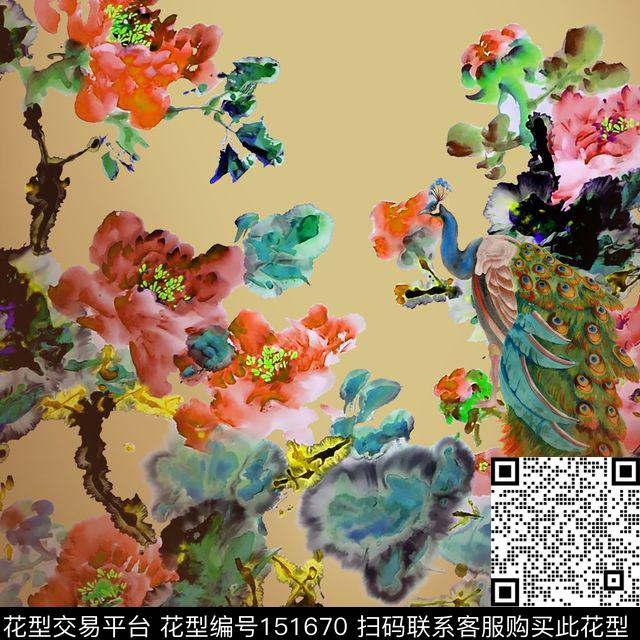 中国风水墨孔雀数码印花华亿平台下载（图片编号: 151670） - 瓦栏（Walan）