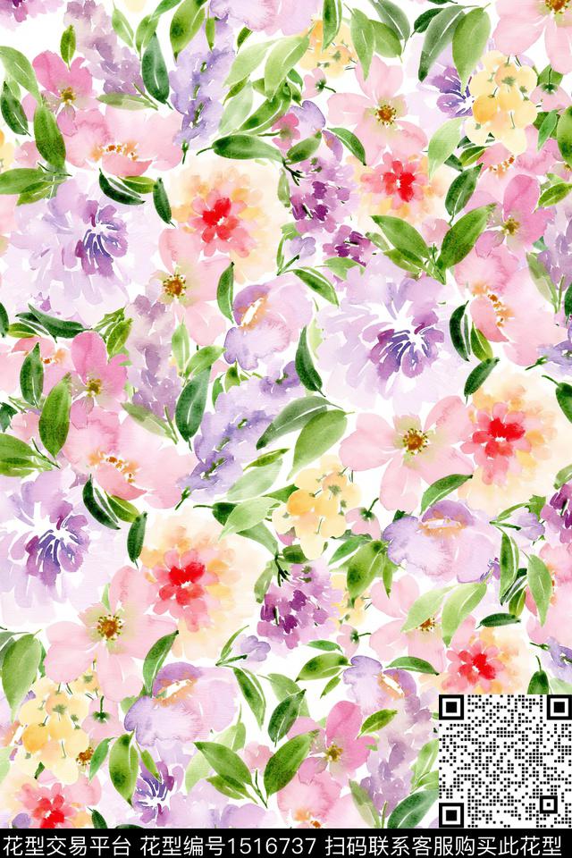 花卉小清新真丝数码印花华亿平台下载（图片编号: 1516737） - 瓦栏（Walan）