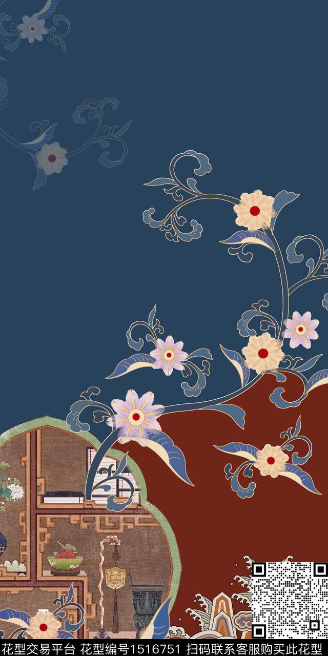 真丝中国风定位花复古旗袍华亿平台数码印花华亿平台下载（图片编号: 1516751） - 瓦栏（Walan）