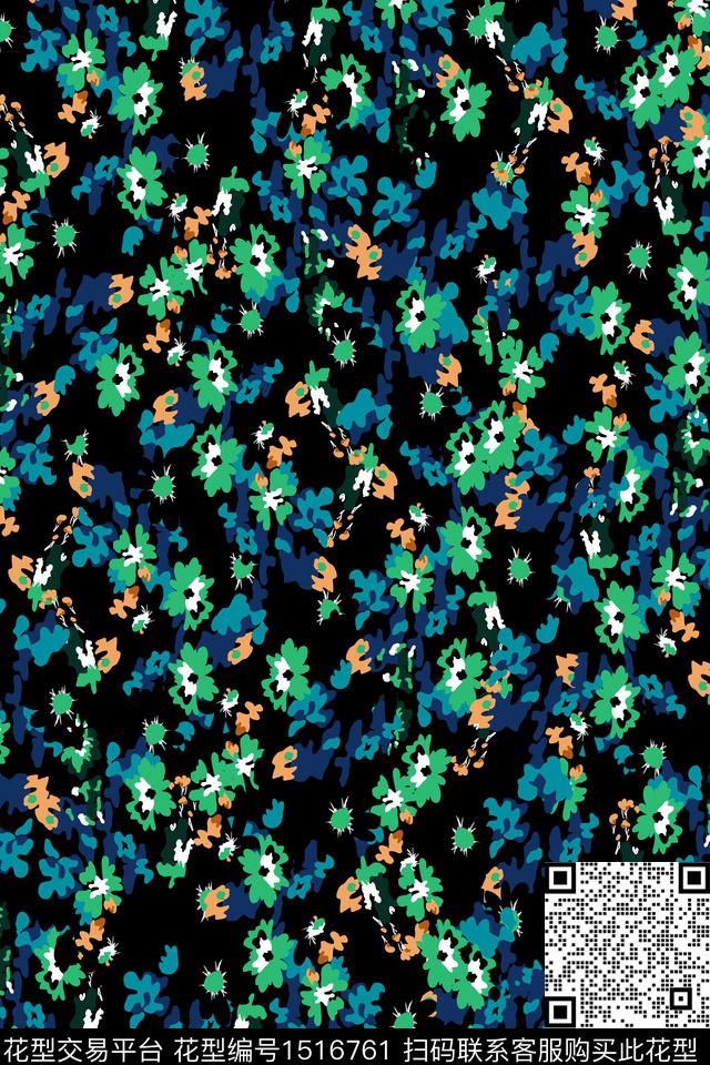黑底花卉大牌风小清新数码印花华亿平台下载（图片编号: 1516761） - 瓦栏（Walan）
