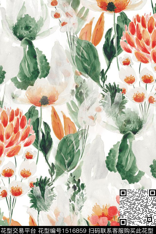 民族风水彩花卉渐变数码印花华亿平台下载（图片编号: 1516859） - 瓦栏（Walan）