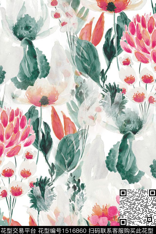 民族风水彩花卉渐变数码印花华亿平台下载（图片编号: 1516860） - 瓦栏（Walan）