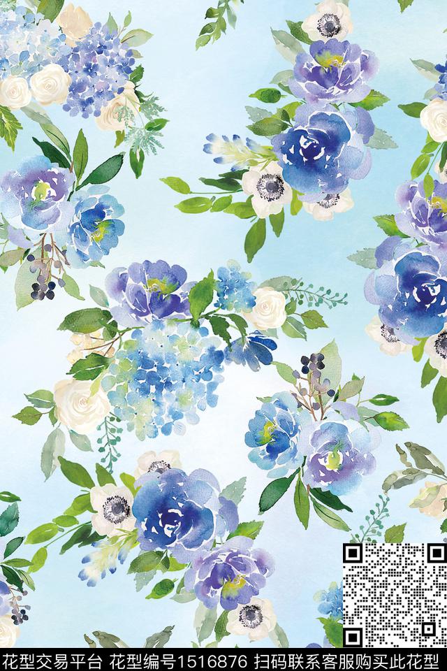 渐变小碎花水彩花卉数码印花华亿平台下载（图片编号: 1516876） - 瓦栏（Walan）