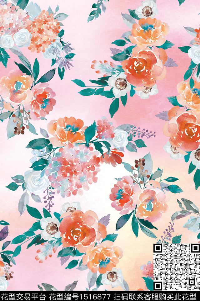 渐变小碎花水彩花卉数码印花华亿平台下载（图片编号: 1516877） - 瓦栏（Walan）