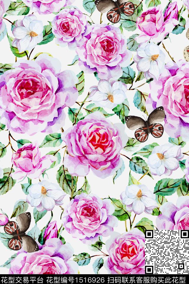 花卉蝴蝶绿植树叶清爽底花卉数码印花华亿平台下载（图片编号: 1516926） - 瓦栏（Walan）