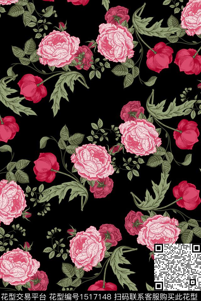 花卉真丝黑底花卉数码印花华亿平台下载（图片编号: 1517148） - 瓦栏（Walan）