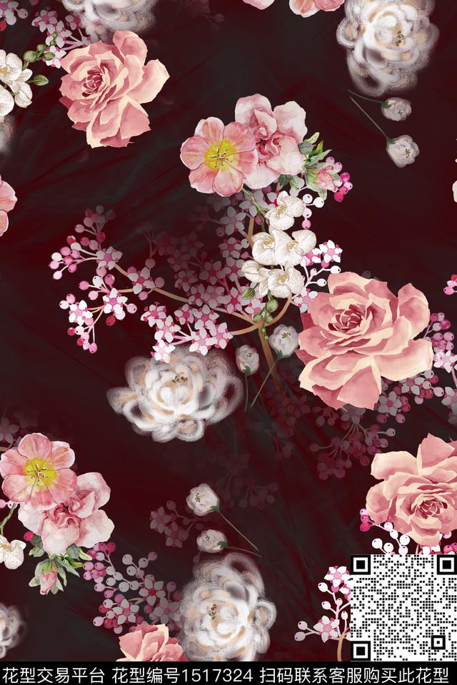 复古花卉香云纱数码印花华亿平台下载（图片编号: 1517324） - 瓦栏（Walan）