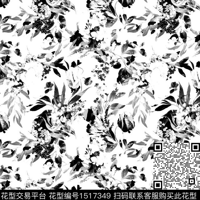 绿植树叶黑白小碎花数码印花华亿平台下载（图片编号: 1517349） - 瓦栏（Walan）