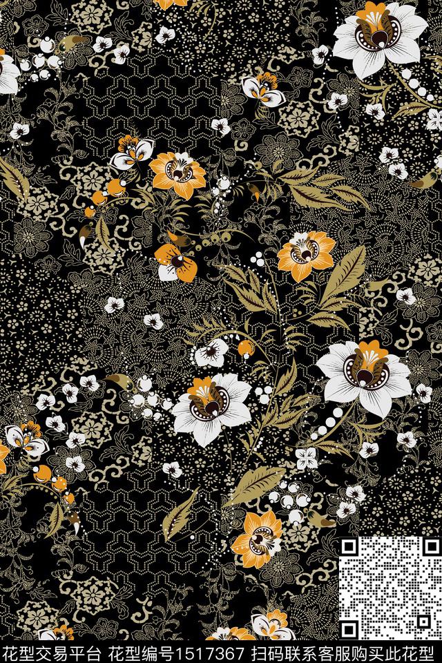 黑底花卉民族风佩斯利数码印花华亿平台下载（图片编号: 1517367） - 瓦栏（Walan）