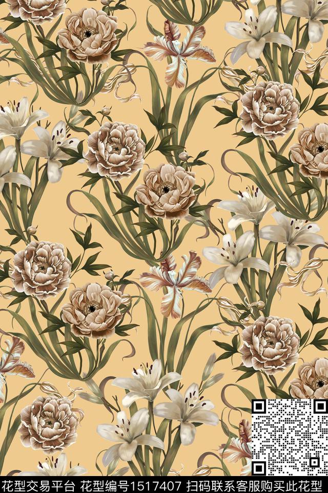 花卉大牌风抽象数码印花华亿平台下载（图片编号: 1517407） - 瓦栏（Walan）