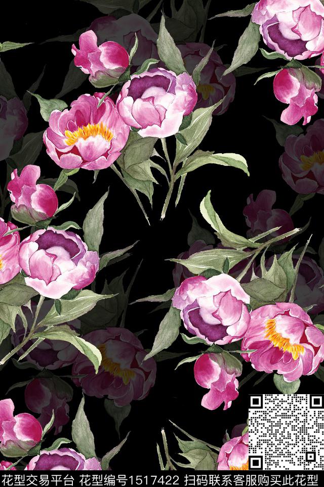 黑底花卉花卉真丝数码印花华亿平台下载（图片编号: 1517422） - 瓦栏（Walan）