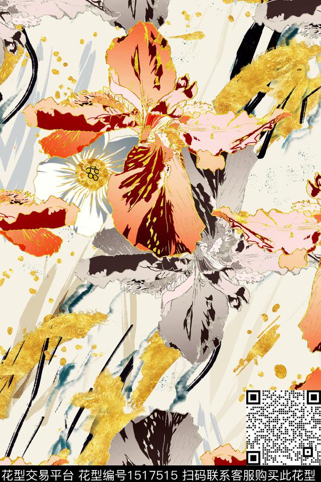 花卉手绘真丝香云纱数码印花华亿平台下载（图片编号: 1517515） - 瓦栏（Walan）