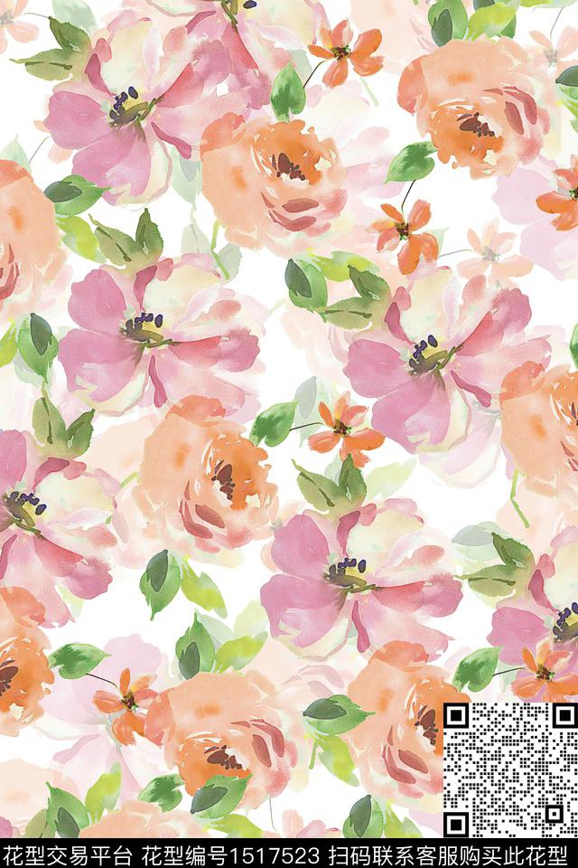 花卉小清新真丝数码印花华亿平台下载（图片编号: 1517523） - 瓦栏（Walan）