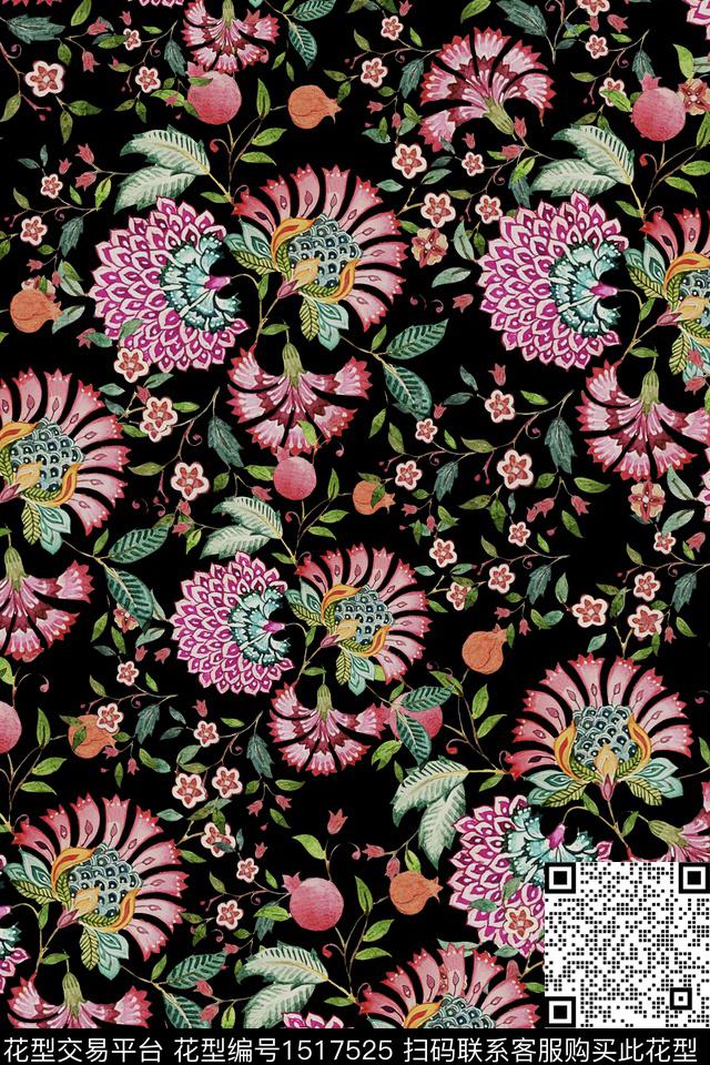 民族风花卉真丝数码印花华亿平台下载（图片编号: 1517525） - 瓦栏（Walan）