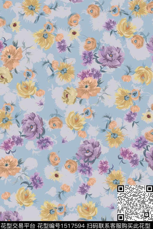 花卉抽象手绘花卉数码印花华亿平台下载（图片编号: 1517594） - 瓦栏（Walan）