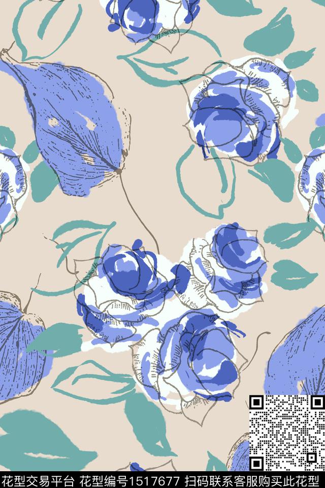 蓝色花卉抽象数码印花华亿平台下载（图片编号: 1517677） - 瓦栏（Walan）