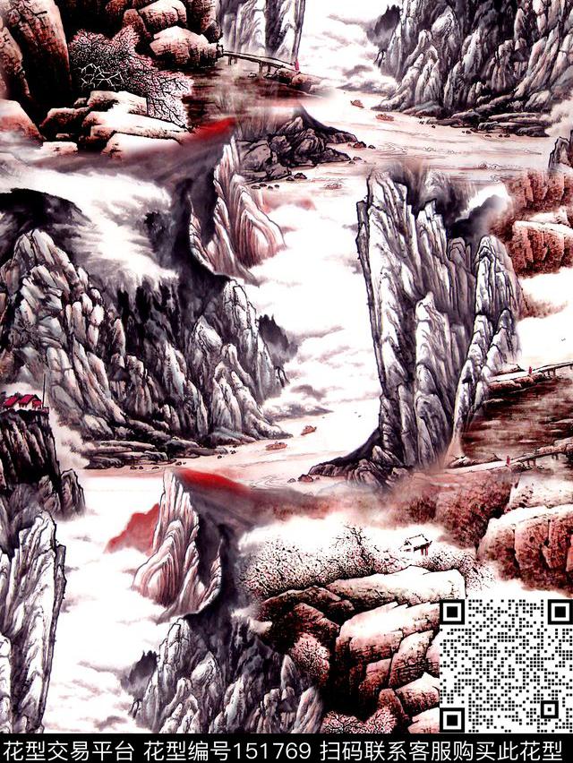 山水长巾中国风数码印花华亿平台下载（图片编号: 151769） - 瓦栏（Walan）