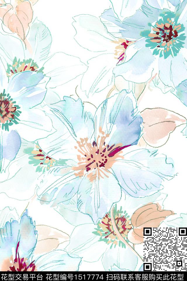 花卉大牌风小清新数码印花华亿平台下载（图片编号: 1517774） - 瓦栏（Walan）