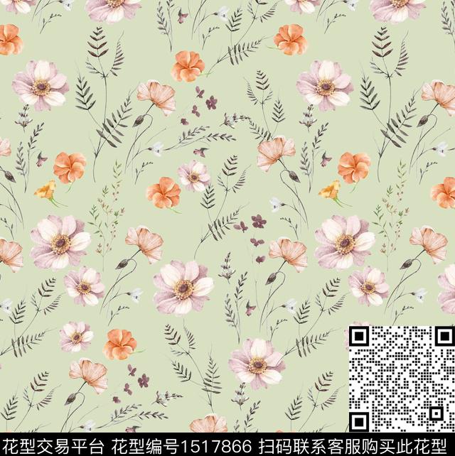 清爽底花卉花卉满版散花数码印花华亿平台下载（图片编号: 1517866） - 瓦栏（Walan）