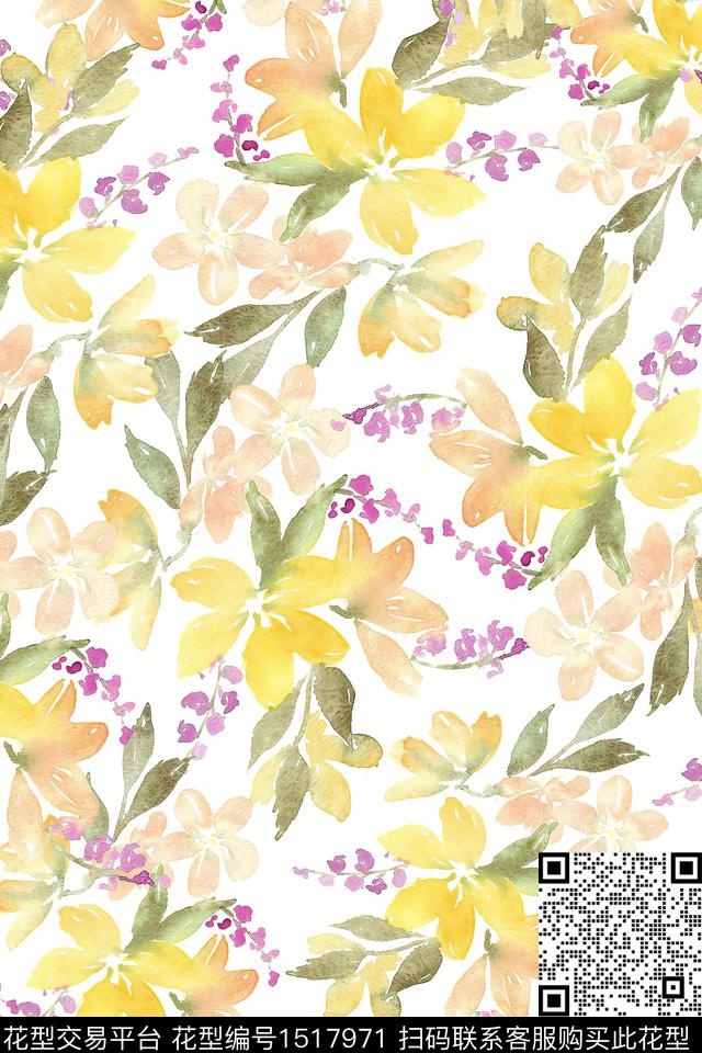 花卉小清新真丝数码印花华亿平台下载（图片编号: 1517971） - 瓦栏（Walan）
