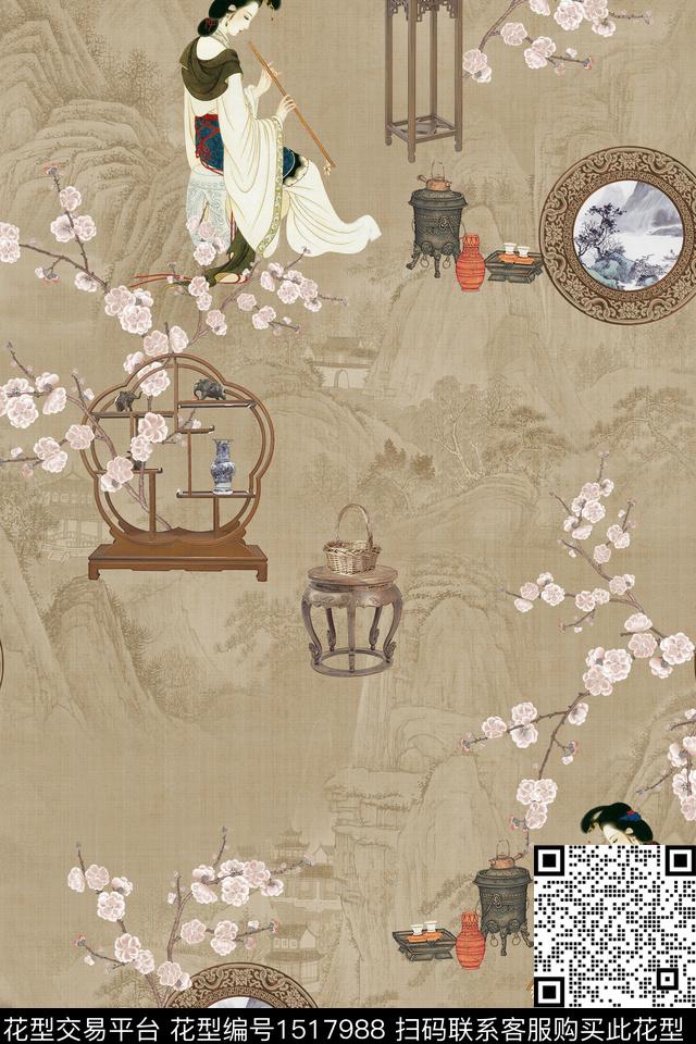 香云纱国画中国风数码印花华亿平台下载（图片编号: 1517988） - 瓦栏（Walan）