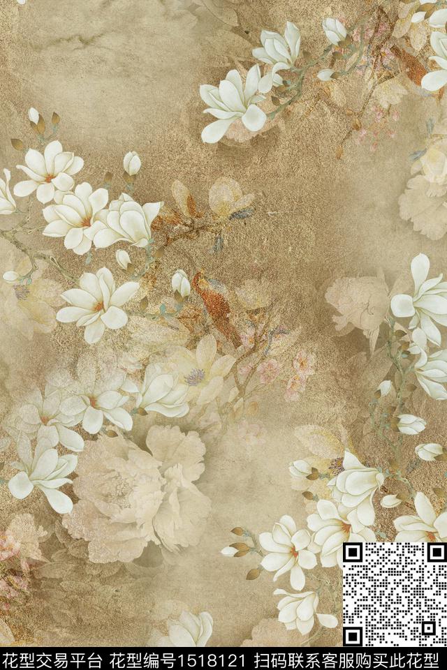 玉兰花香云纱国画数码印花华亿平台下载（图片编号: 1518121） - 瓦栏（Walan）