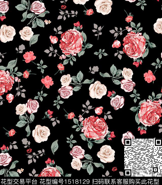 花卉小碎花黑底花卉传统印花华亿平台下载（图片编号: 1518129） - 瓦栏（Walan）