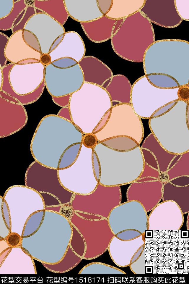 黑底花卉花卉香云纱数码印花华亿平台下载（图片编号: 1518174） - 瓦栏（Walan）