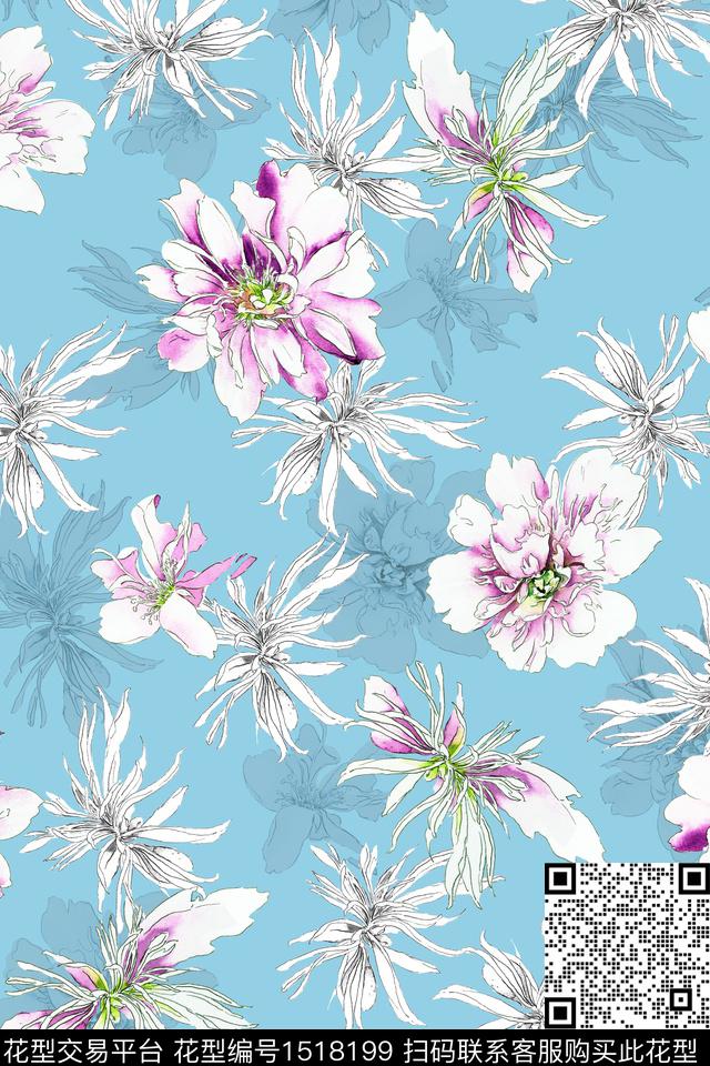 花卉大牌风小清新数码印花华亿平台下载（图片编号: 1518199） - 瓦栏（Walan）