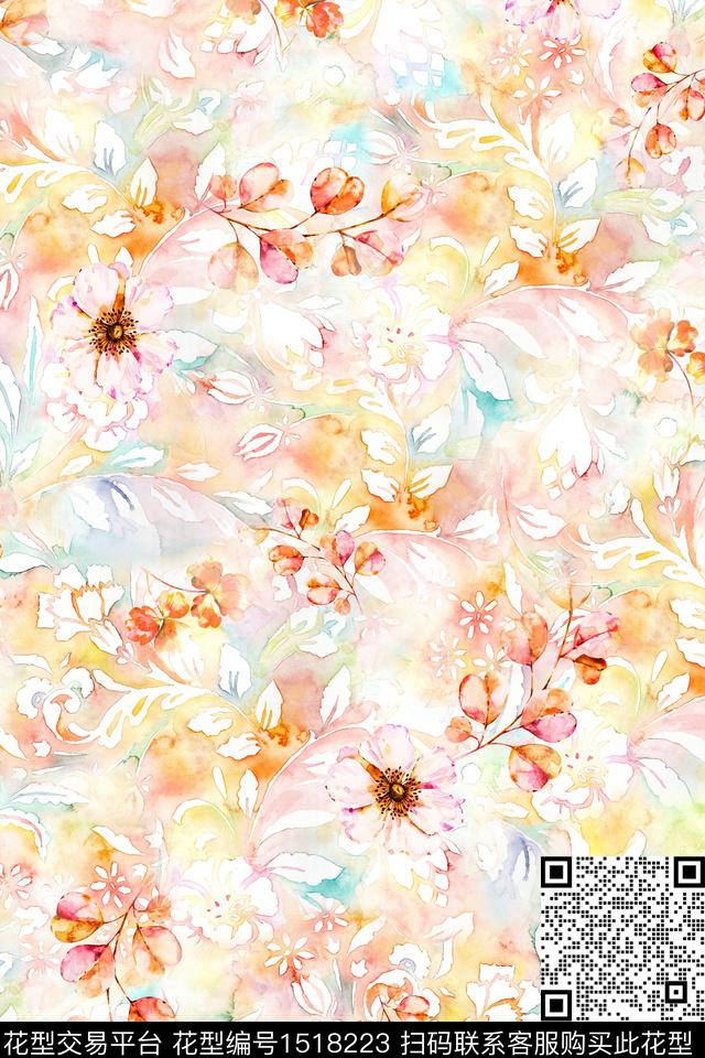 水彩绿植树叶花卉数码印花华亿平台下载（图片编号: 1518223） - 瓦栏（Walan）