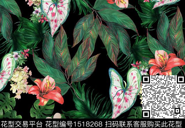 水彩热带华亿平台黑底花卉数码印花华亿平台下载（图片编号: 1518268） - 瓦栏（Walan）