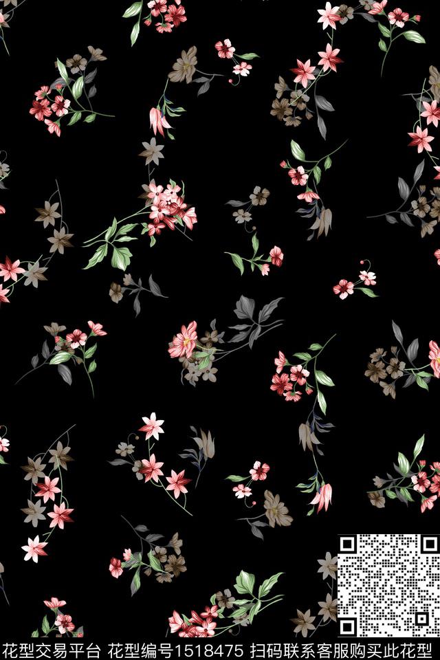 黑底花卉大牌风小清新数码印花华亿平台下载（图片编号: 1518475） - 瓦栏（Walan）