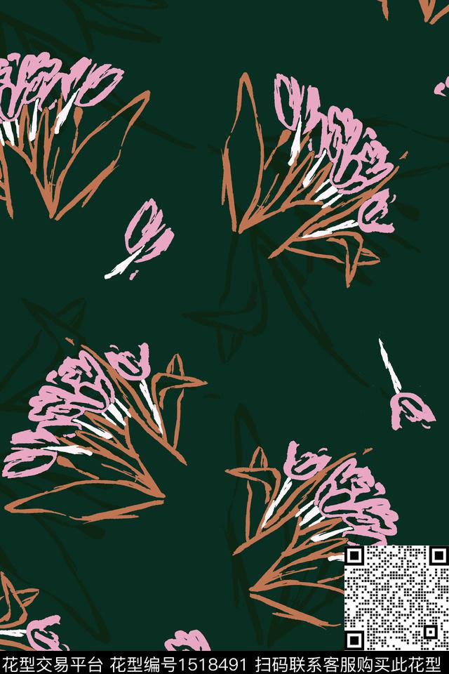 抽象绿底手绘数码印花华亿平台下载（图片编号: 1518491） - 瓦栏（Walan）