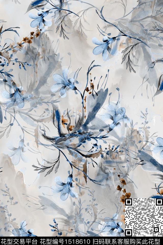 花卉真丝水墨数码印花华亿平台下载（图片编号: 1518610） - 瓦栏（Walan）