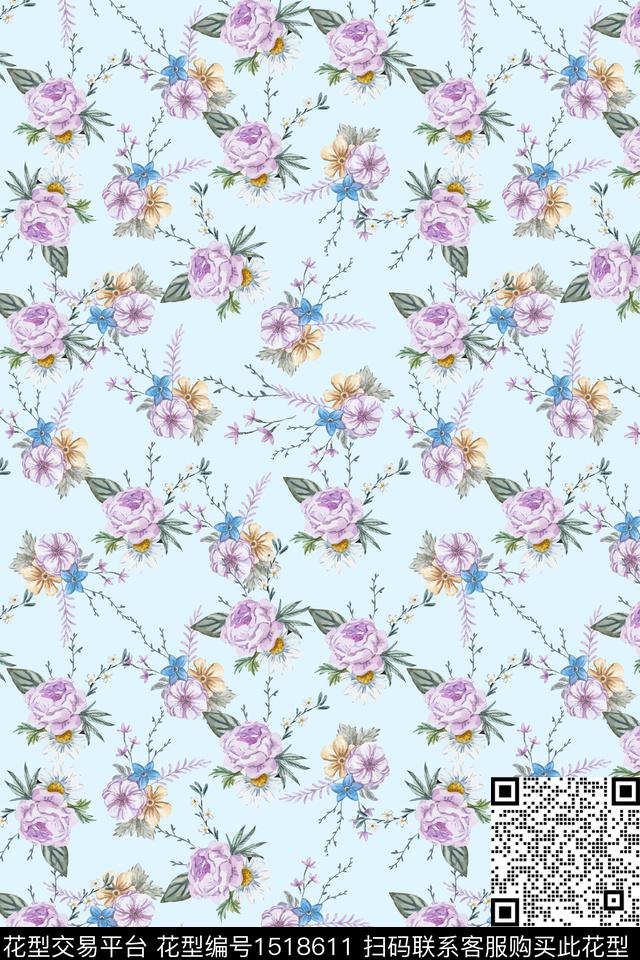 花卉小清新真丝数码印花华亿平台下载（图片编号: 1518611） - 瓦栏（Walan）