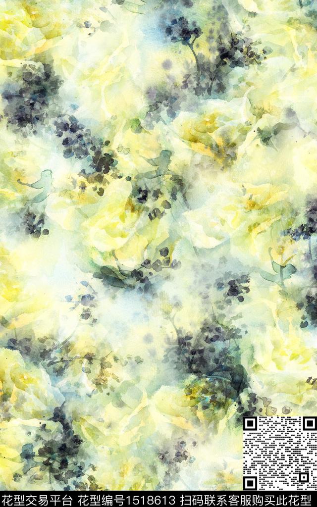 抽象花卉水彩数码印花华亿平台下载（图片编号: 1518613） - 瓦栏（Walan）
